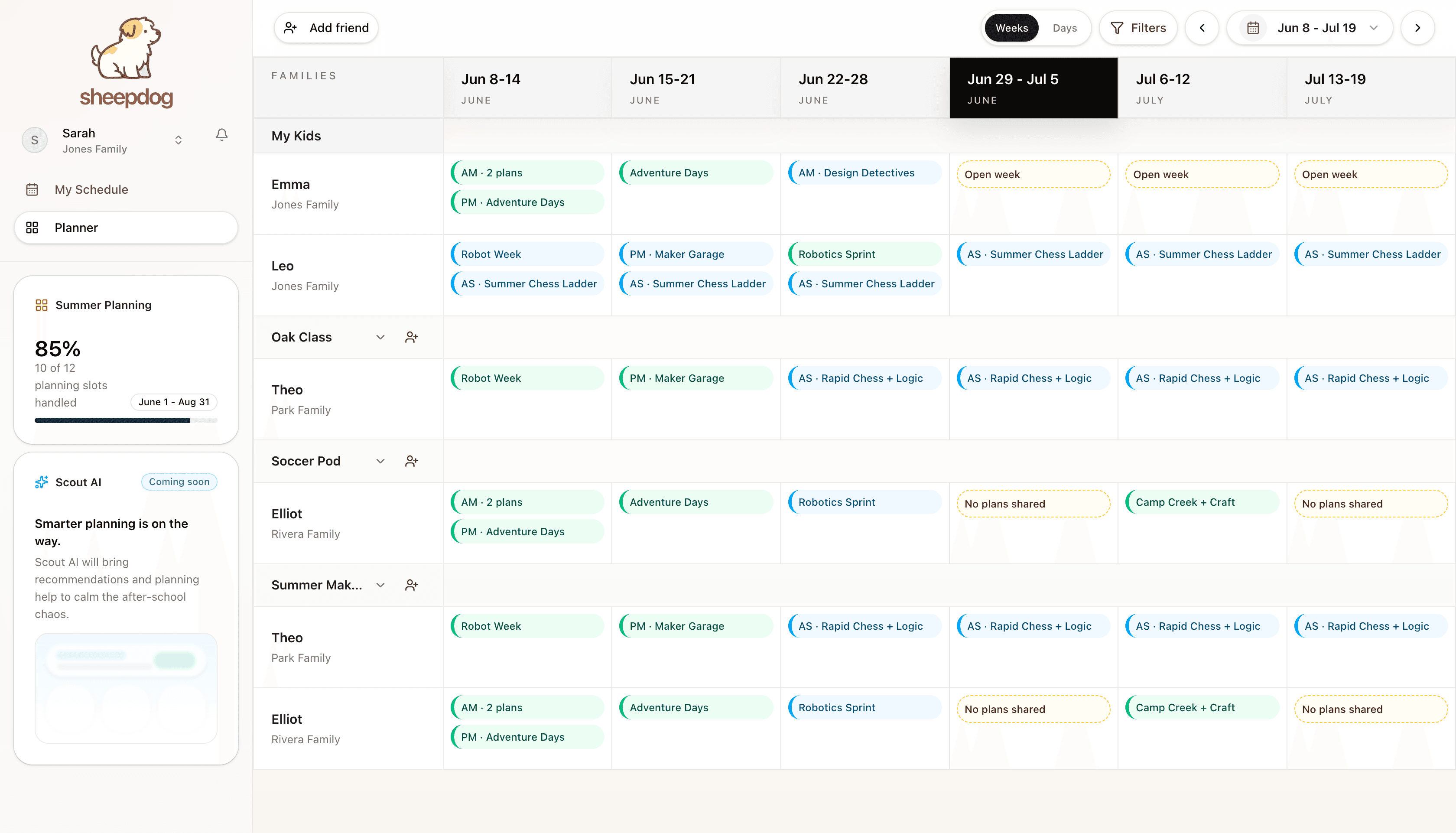 Sheepdog planner showing a filled family schedule with shared groups and activity plans